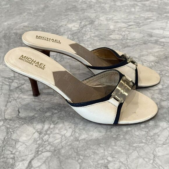 MICHAEL KORS Womens White Leather Silver Plate Open Toe Mules Shoes Heels 7.5 - Picture 2 of 4